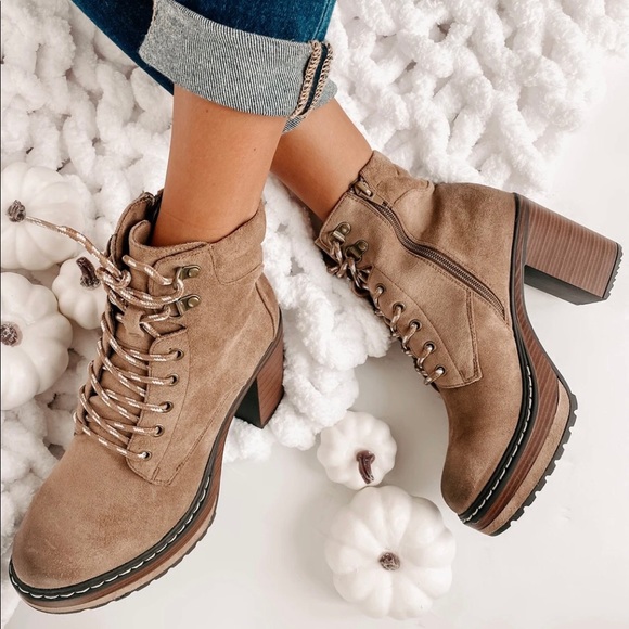 Pierre Dumas Shoes - NWT Pierre Dumas Vegan Suede Lace Up Chunky Hiking Boots Booties Taupe